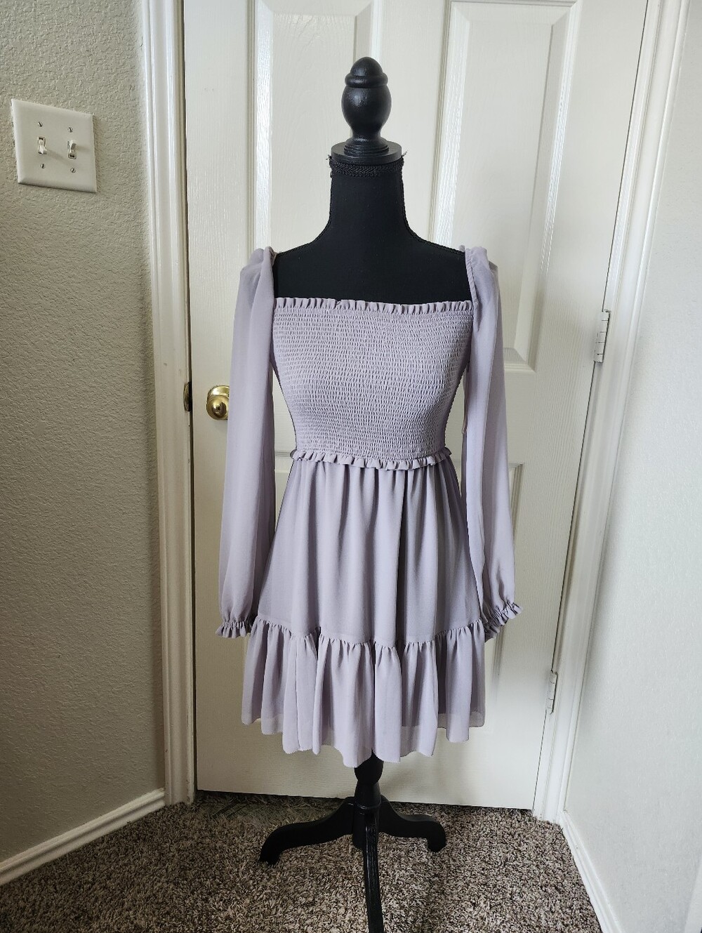 Smocked Square-Neck Long Sleeve Mini Dress - Lavender